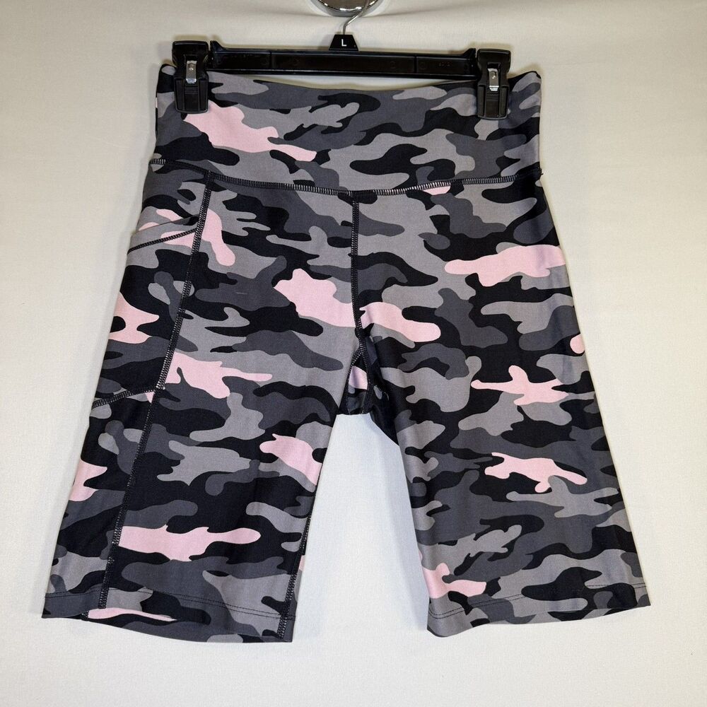 Calvin Klein Women's Activewear Shorts M Grey Pink Camo Nylon Spandex Pocket